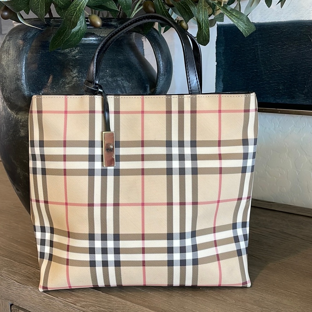 Burberry vintage beige Nova Check coated canvas top handle tote.